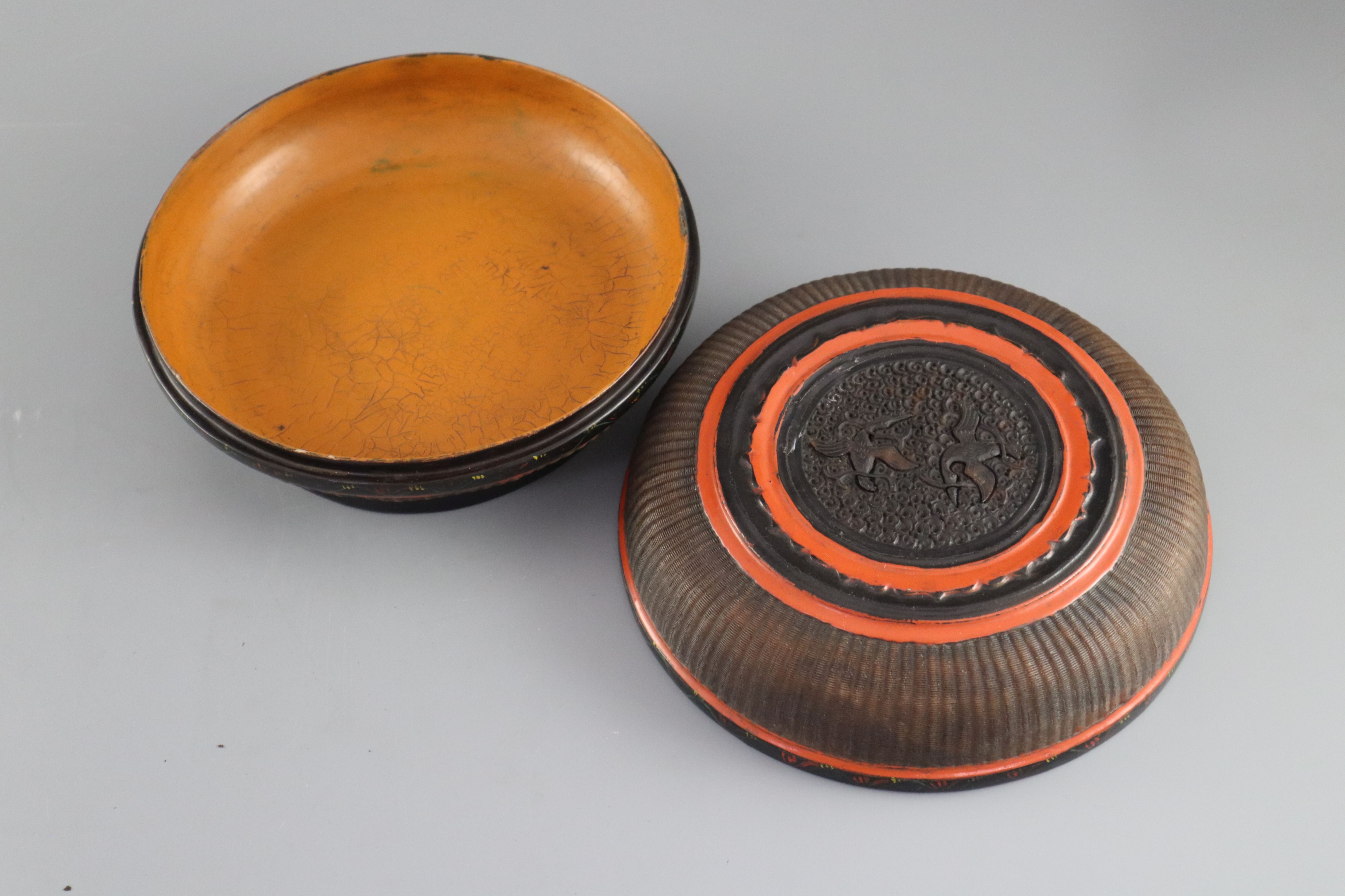 A Southern Chinese lacquer and basket weave box, 18th/19th century, with carved tortoiseshell roundel to the cover, 20.5cm diameter